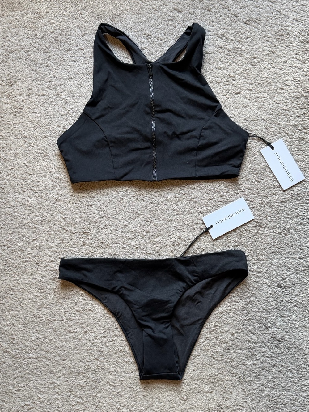 WeWoreWhat Black Set zip front Racerback bikini top and low-rise bottom